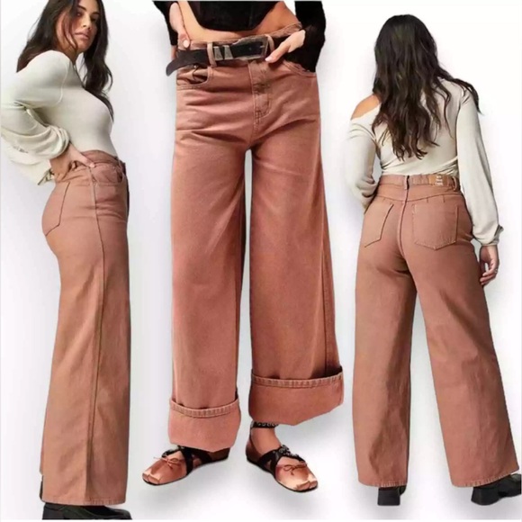 NWT Free People We the Free Brown Crvy Gia High Rise Wide Leg Size 32 - Picture 3 of 11